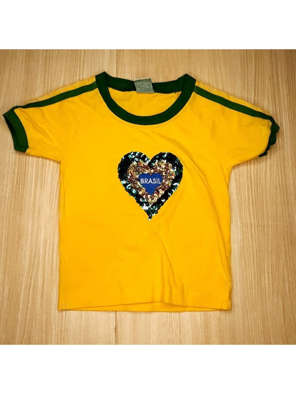 Pierim Toddler Girls Brasil Gold Green Sequin Short Sleeve Shirt Futbol Soccer 2